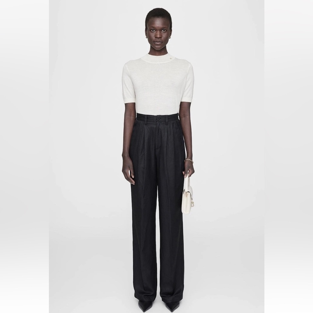 CONSIGNED ANINE BING Black Linen Blend Carrie Wide Leg Trouser Pants 32 0